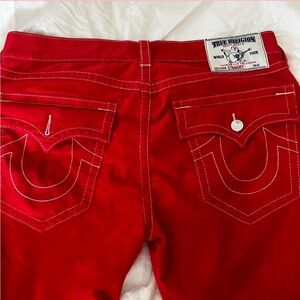 True Religion Vibrant Red Denim with Signature Stitching